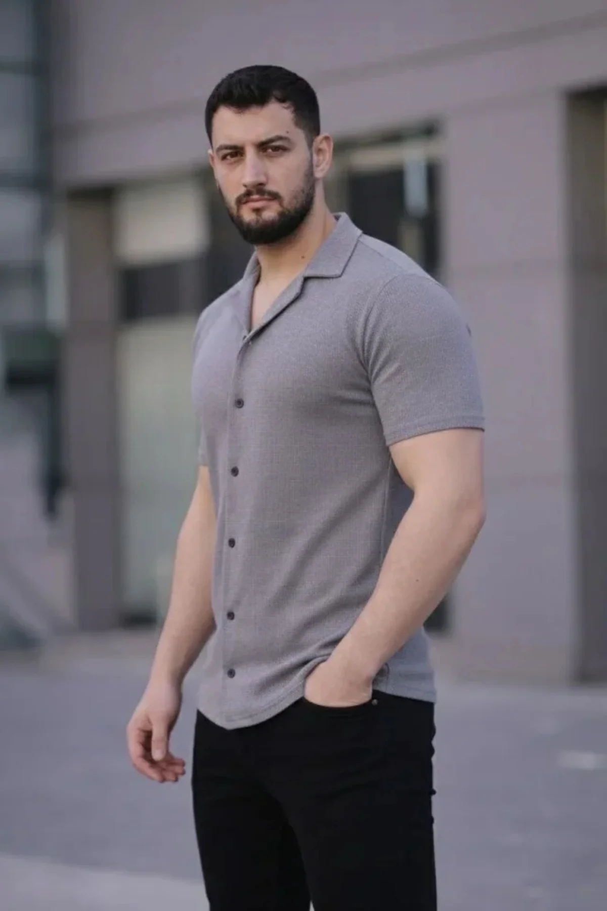 Erkek Waffle Kumaş Kısa Kollu Düğmeli Açık Yaka Regular Fit Gömle