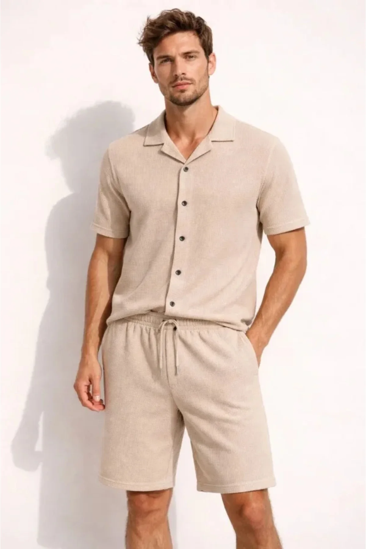 Erkek Waffle Kumaş Kısa Kollu Gömlek Şort Takım Regular Fit Yazlı