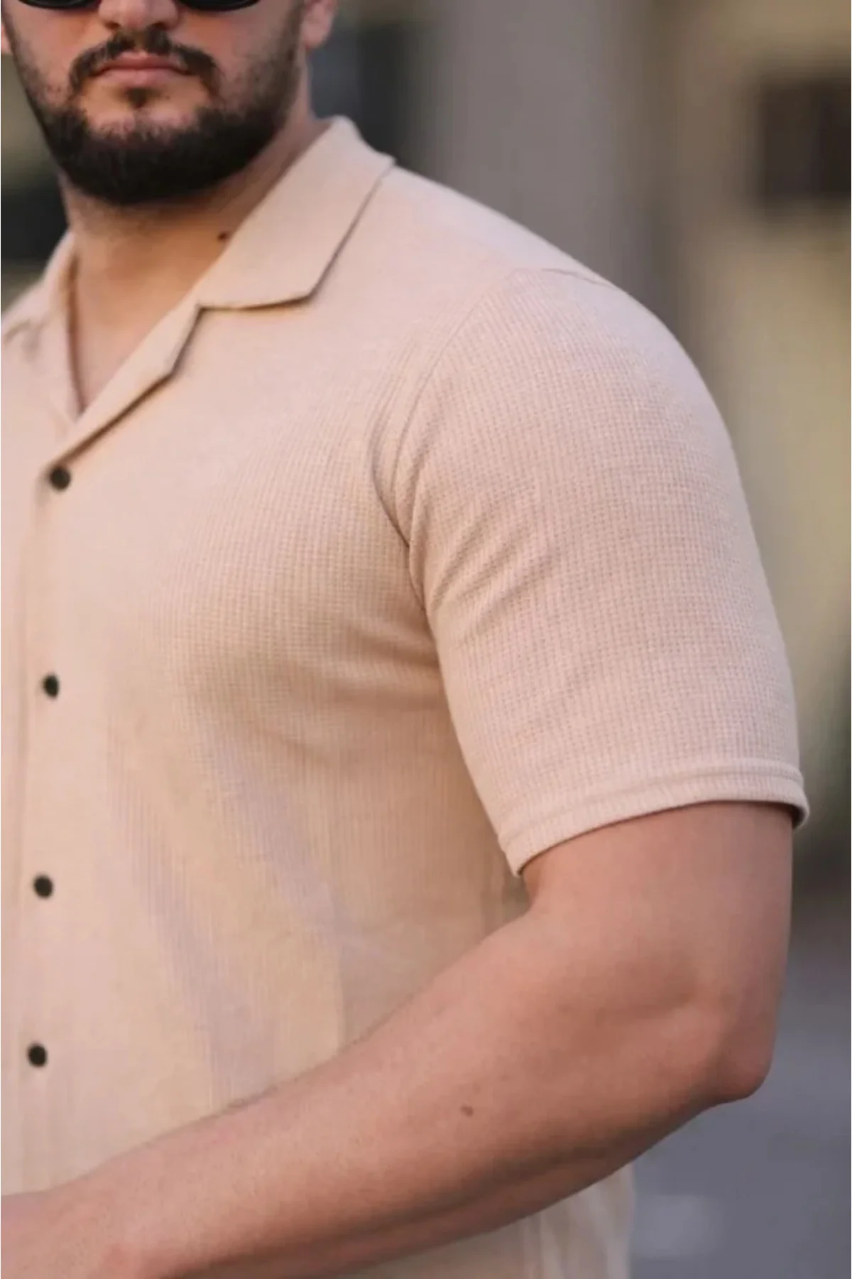 Erkek Waffle Kumaş Kısa Kollu Düğmeli Açık Yaka Regular Fit Gömle