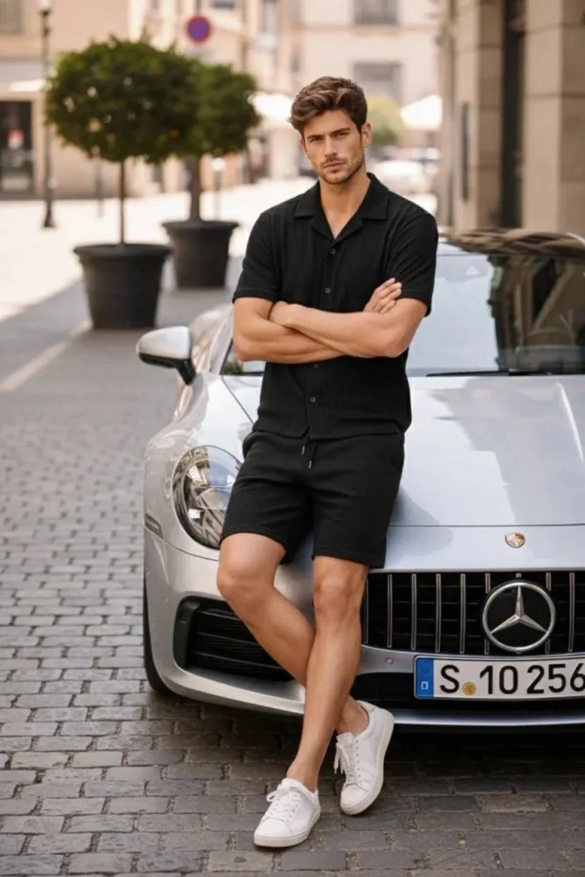 Erkek Waffle Kumaş Kısa Kollu Gömlek Şort Takım Regular Fit Yazlı