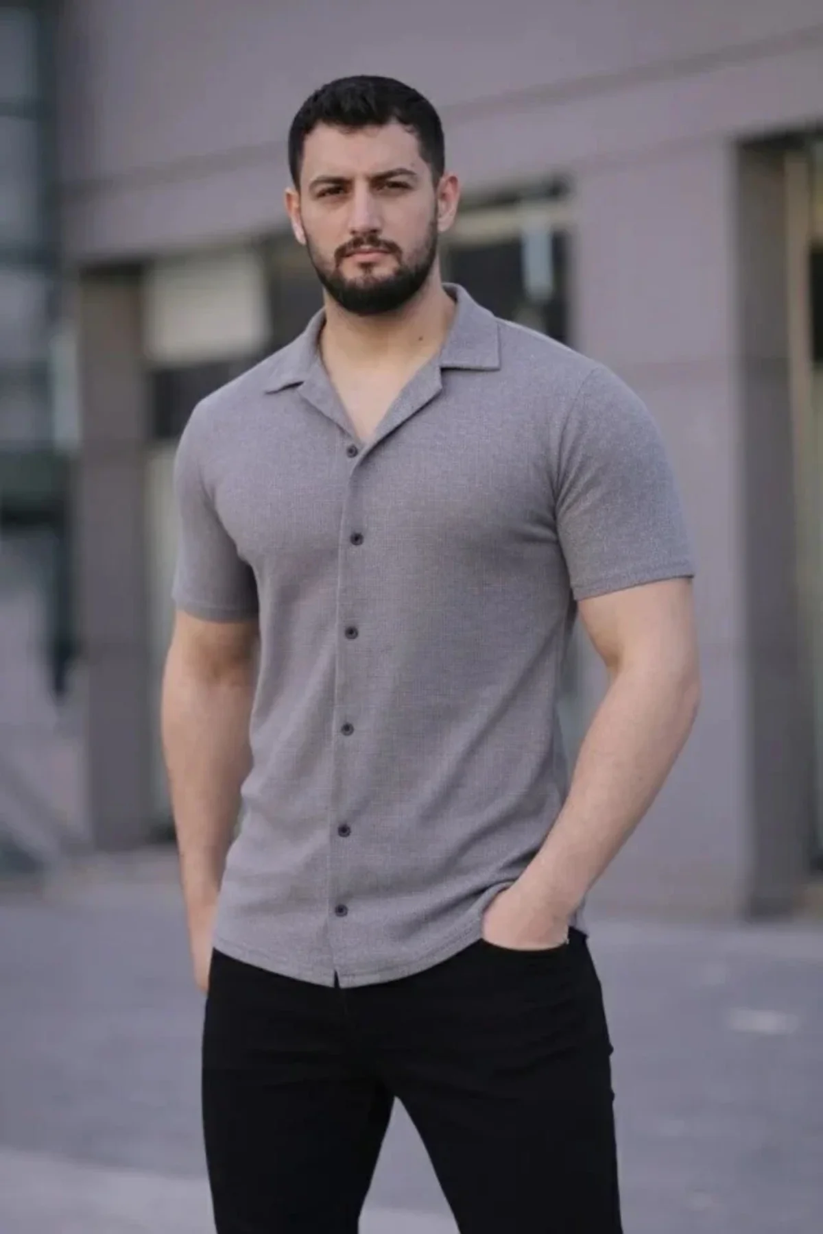 Erkek Waffle Kumaş Kısa Kollu Düğmeli Açık Yaka Regular Fit Gömle