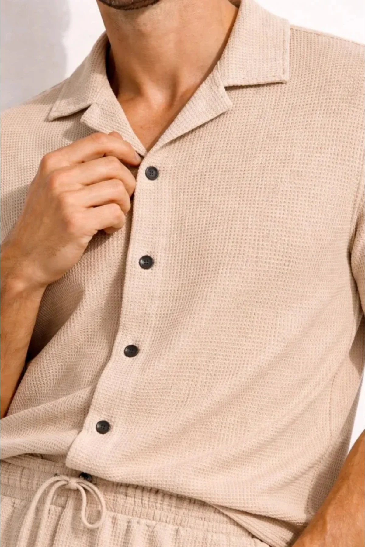 Erkek Waffle Kumaş Kısa Kollu Gömlek Şort Takım Regular Fit Yazlı