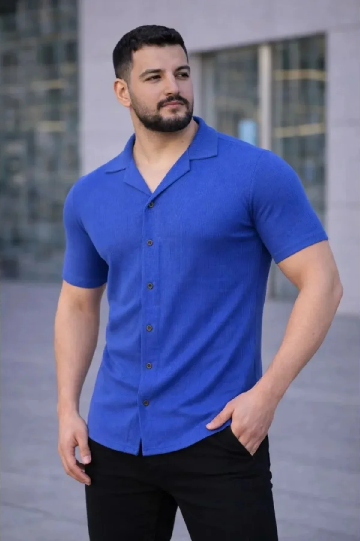 Erkek Waffle Kumaş Kısa Kollu Düğmeli Açık Yaka Regular Fit Gömle