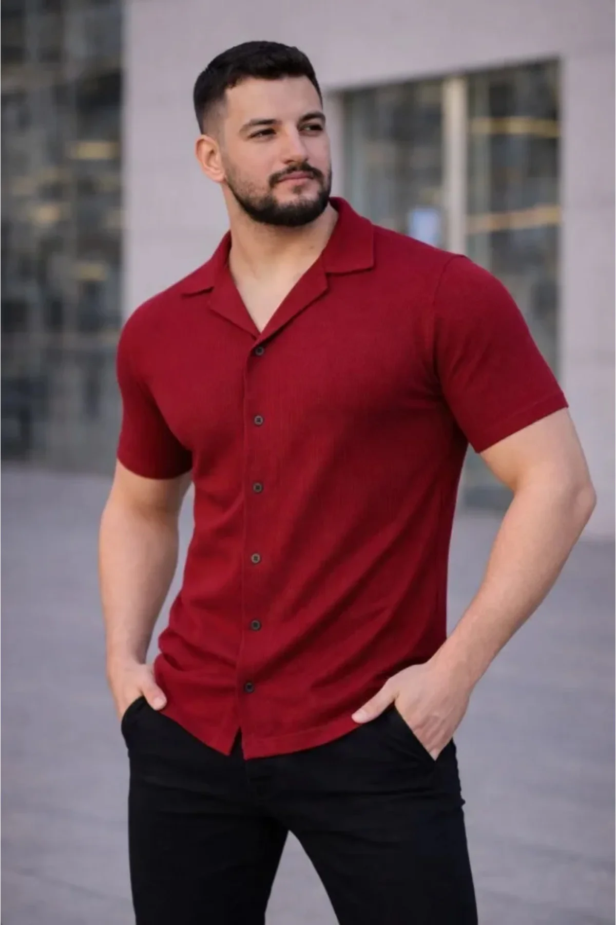 Erkek Waffle Kumaş Kısa Kollu Düğmeli Açık Yaka Regular Fit Gömle