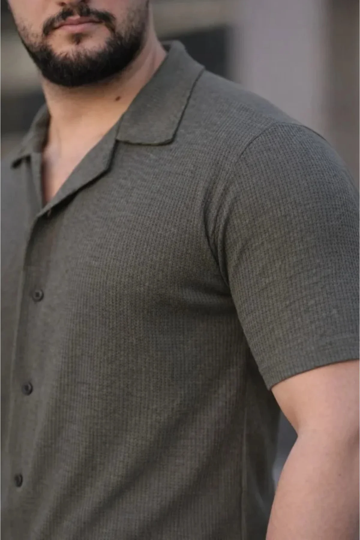 Erkek Waffle Kumaş Kısa Kollu Düğmeli Açık Yaka Regular Fit Gömle