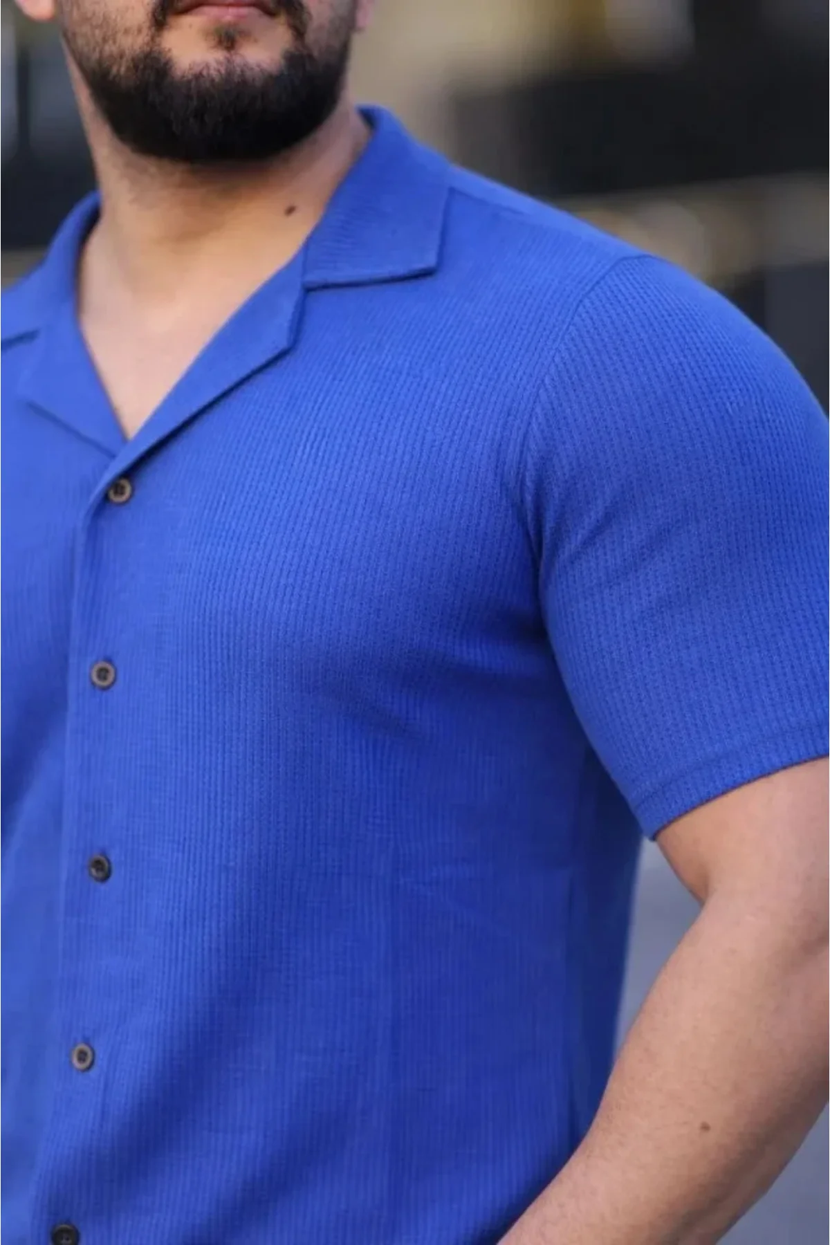 Erkek Waffle Kumaş Kısa Kollu Düğmeli Açık Yaka Regular Fit Gömle