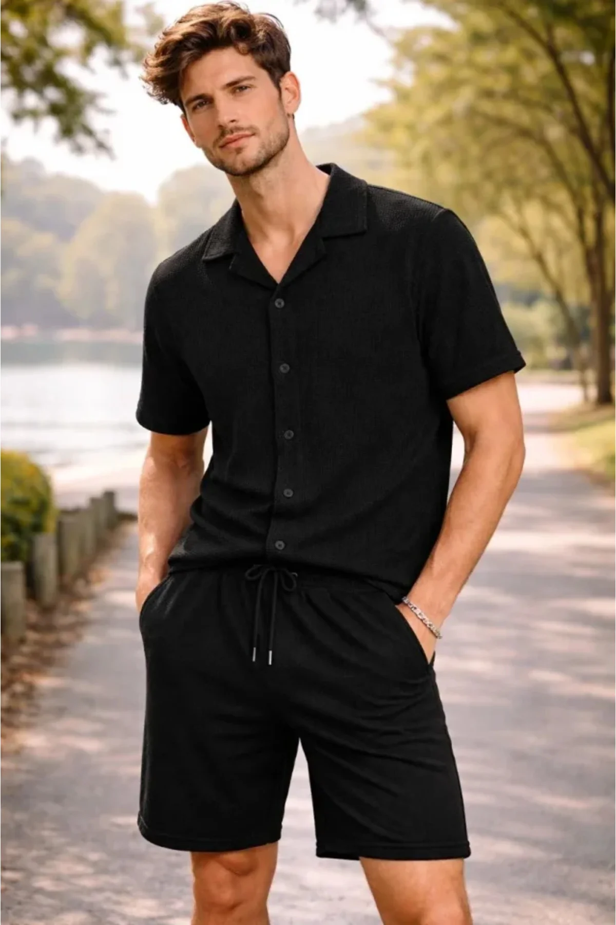 Erkek Waffle Kumaş Kısa Kollu Gömlek Şort Takım Regular Fit Yazlı