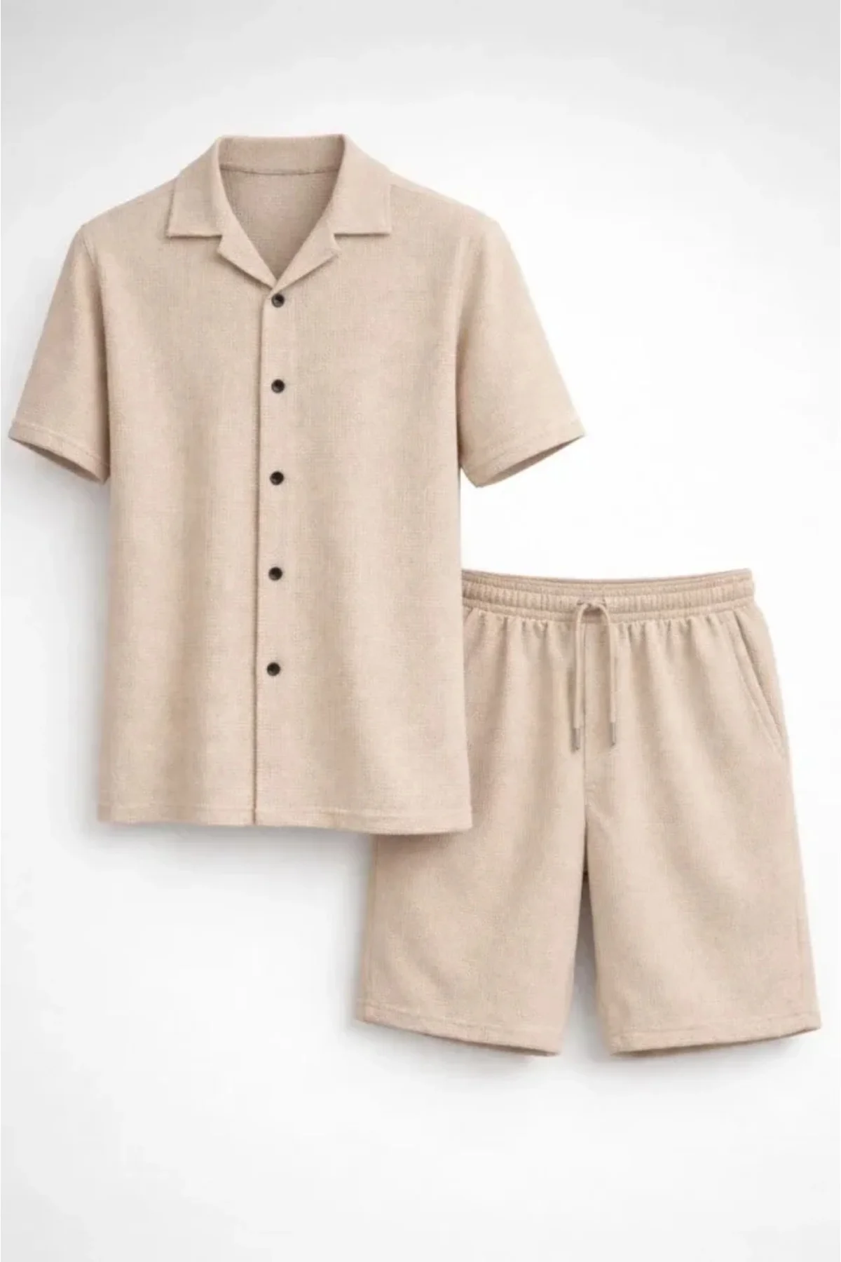 Erkek Waffle Kumaş Kısa Kollu Gömlek Şort Takım Regular Fit Yazlı