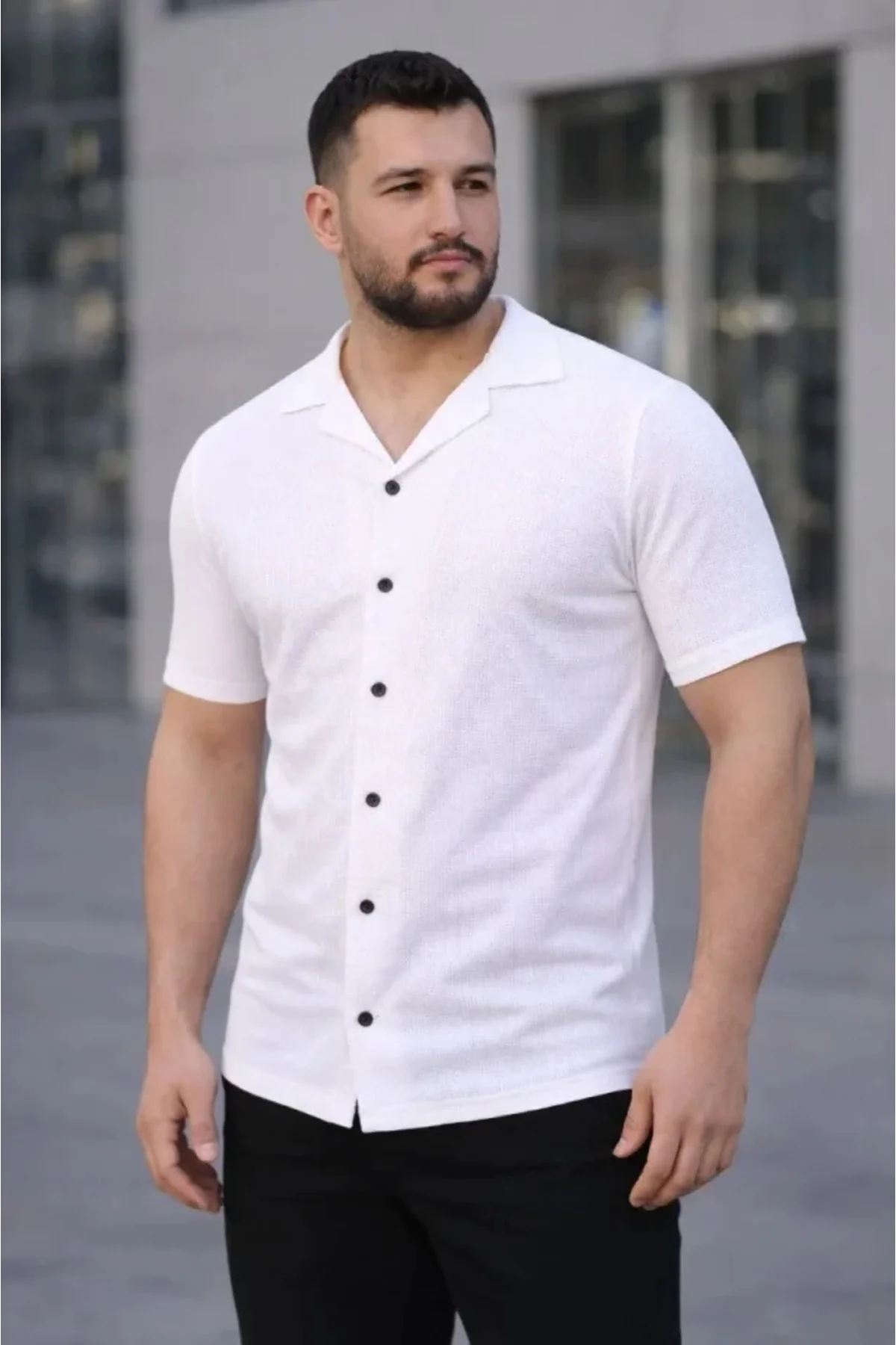 Erkek Waffle Kumaş Kısa Kollu Düğmeli Açık Yaka Regular Fit Gömle
