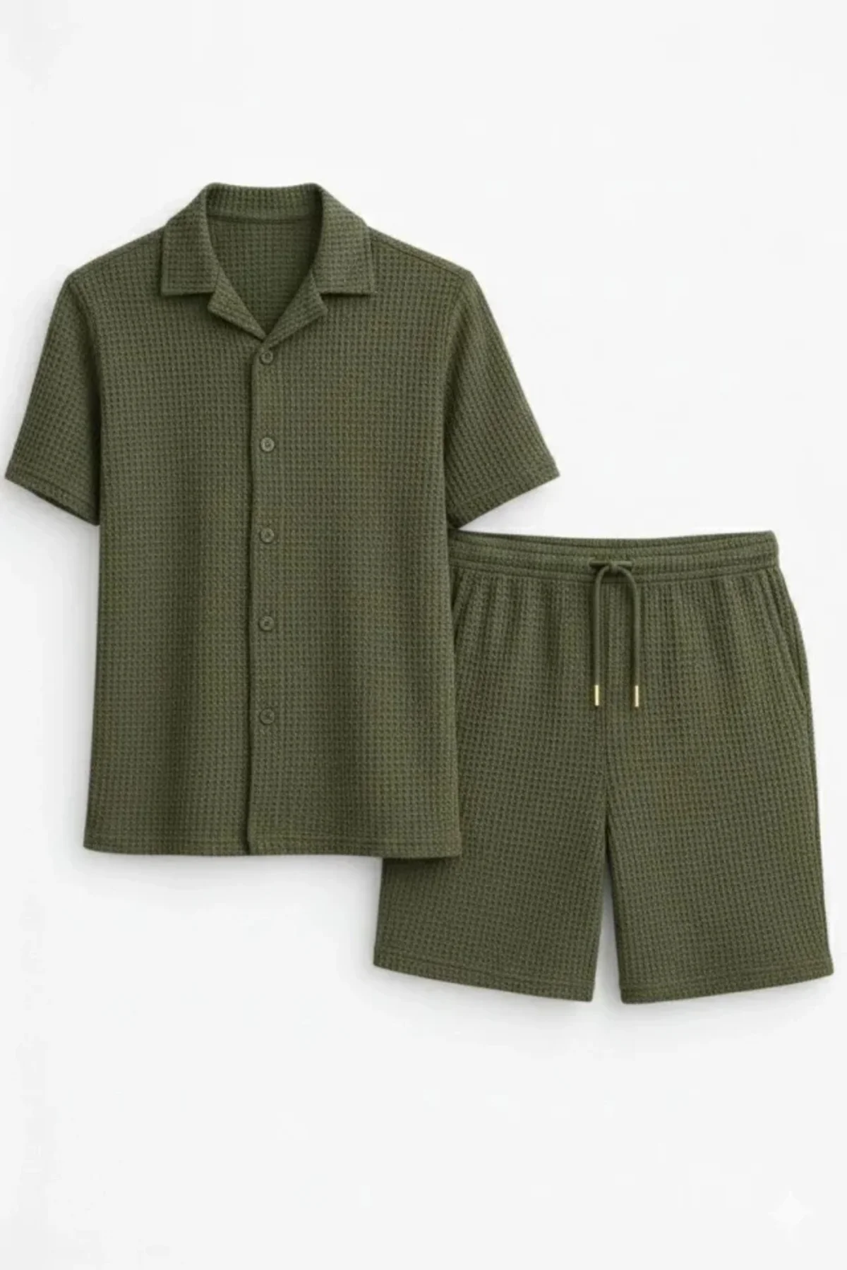 Erkek Waffle Kumaş Kısa Kollu Gömlek Şort Takım Regular Fit Yazlı