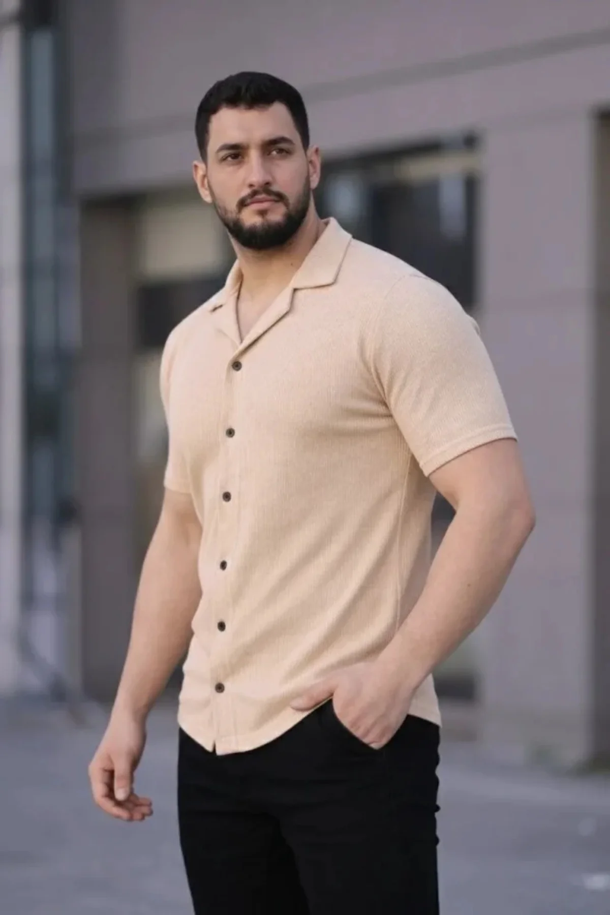 Erkek Waffle Kumaş Kısa Kollu Düğmeli Açık Yaka Regular Fit Gömle