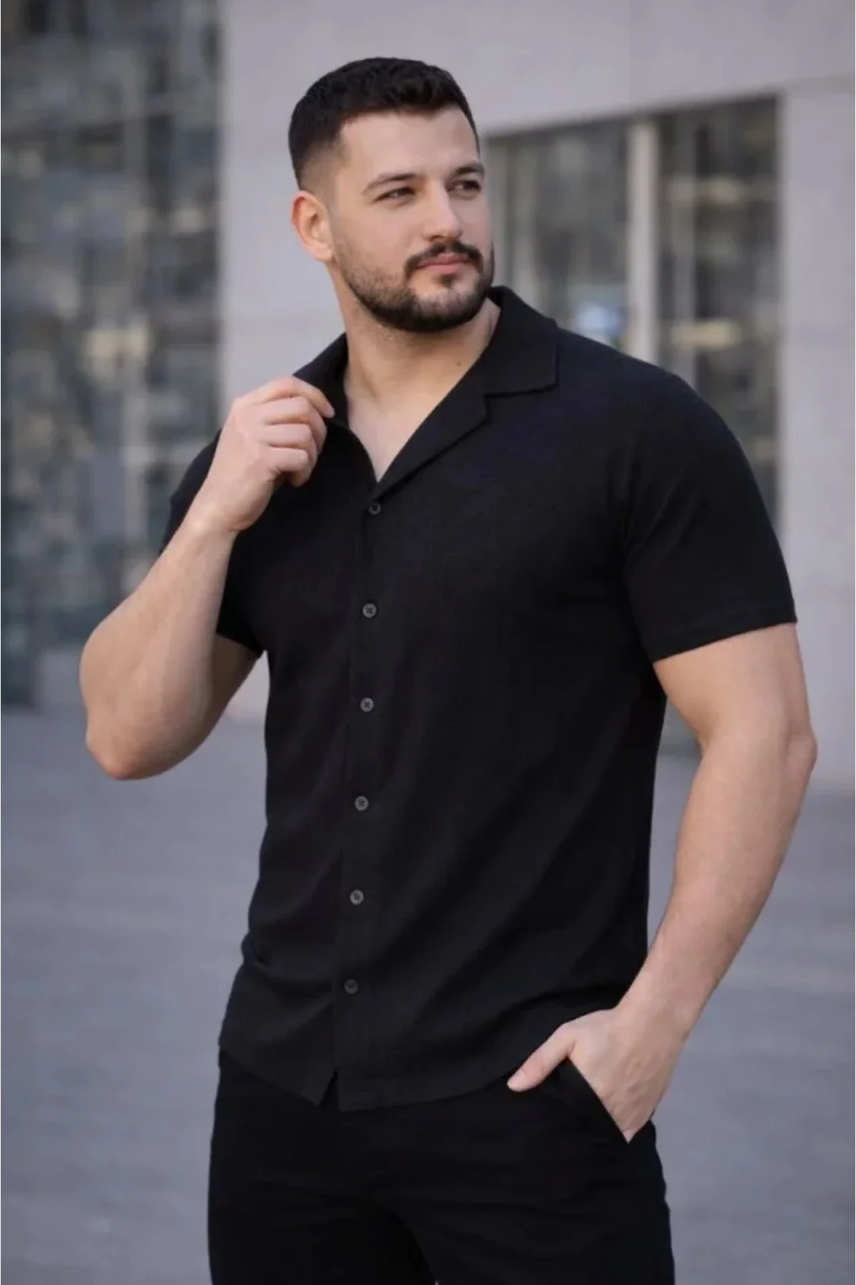 Erkek Waffle Kumaş Kısa Kollu Düğmeli Açık Yaka Regular Fit Gömle