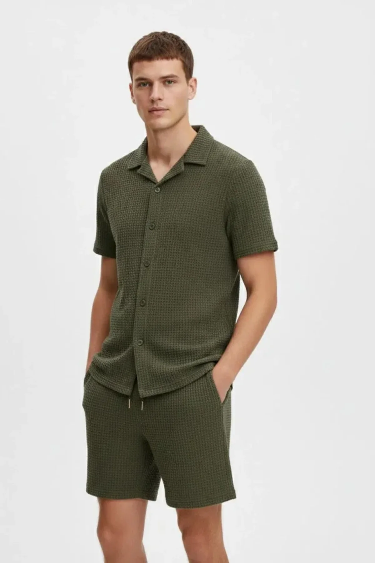 Erkek Waffle Kumaş Kısa Kollu Gömlek Şort Takım Regular Fit Yazlı