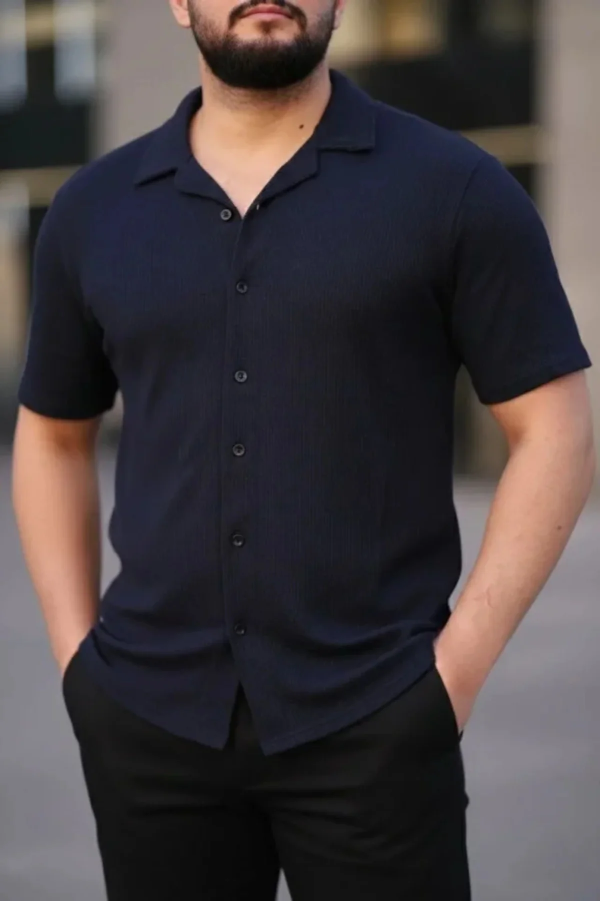 Erkek Waffle Kumaş Kısa Kollu Düğmeli Açık Yaka Regular Fit Gömle