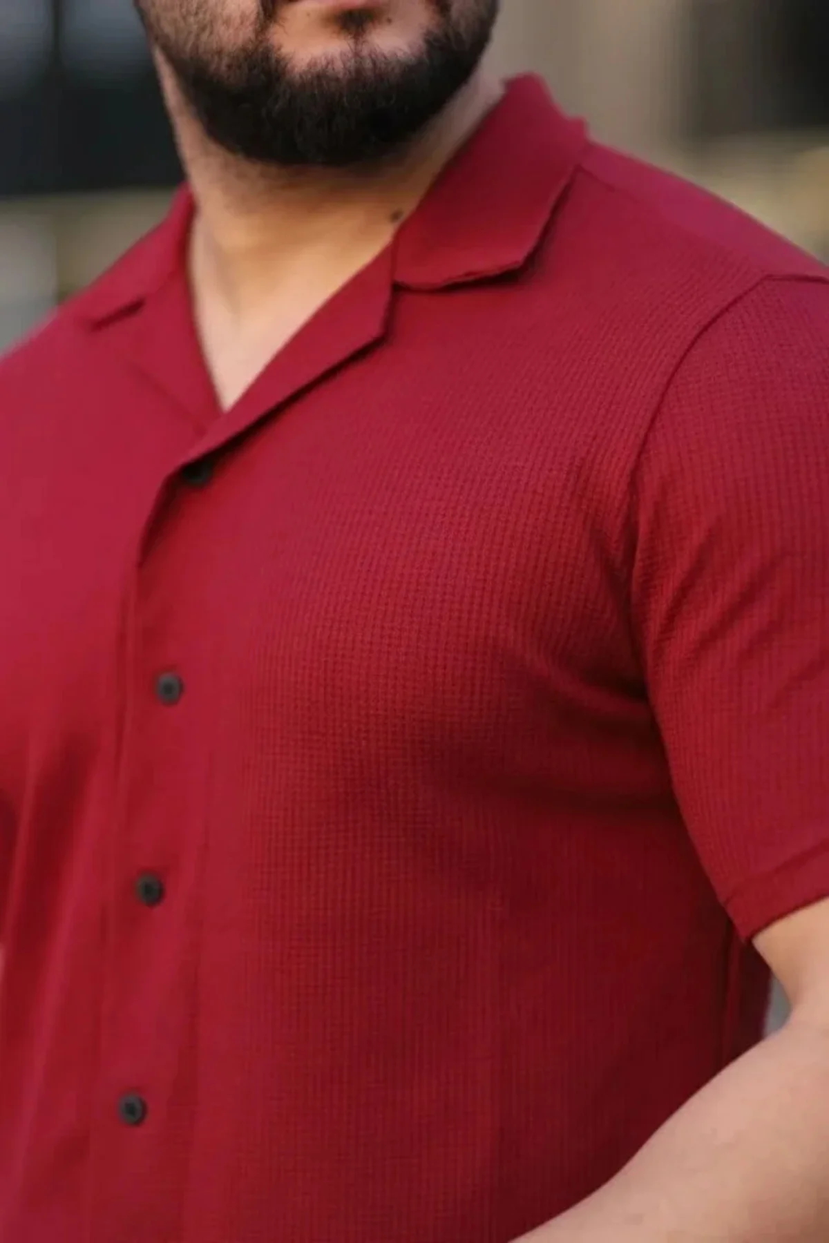 Erkek Waffle Kumaş Kısa Kollu Düğmeli Açık Yaka Regular Fit Gömle