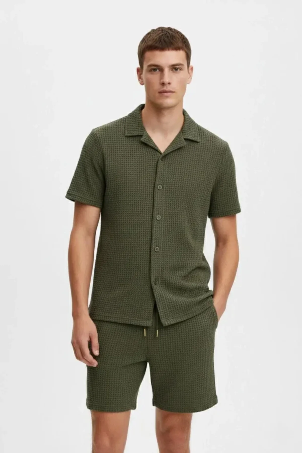 Erkek Waffle Kumaş Kısa Kollu Gömlek Şort Takım Regular Fit Yazlı