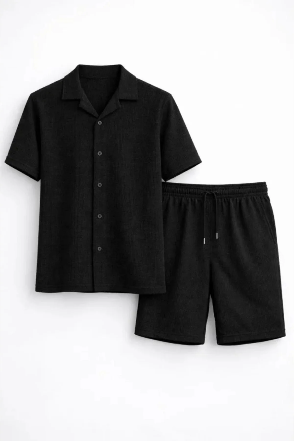 Erkek Waffle Kumaş Kısa Kollu Gömlek Şort Takım Regular Fit Yazlı