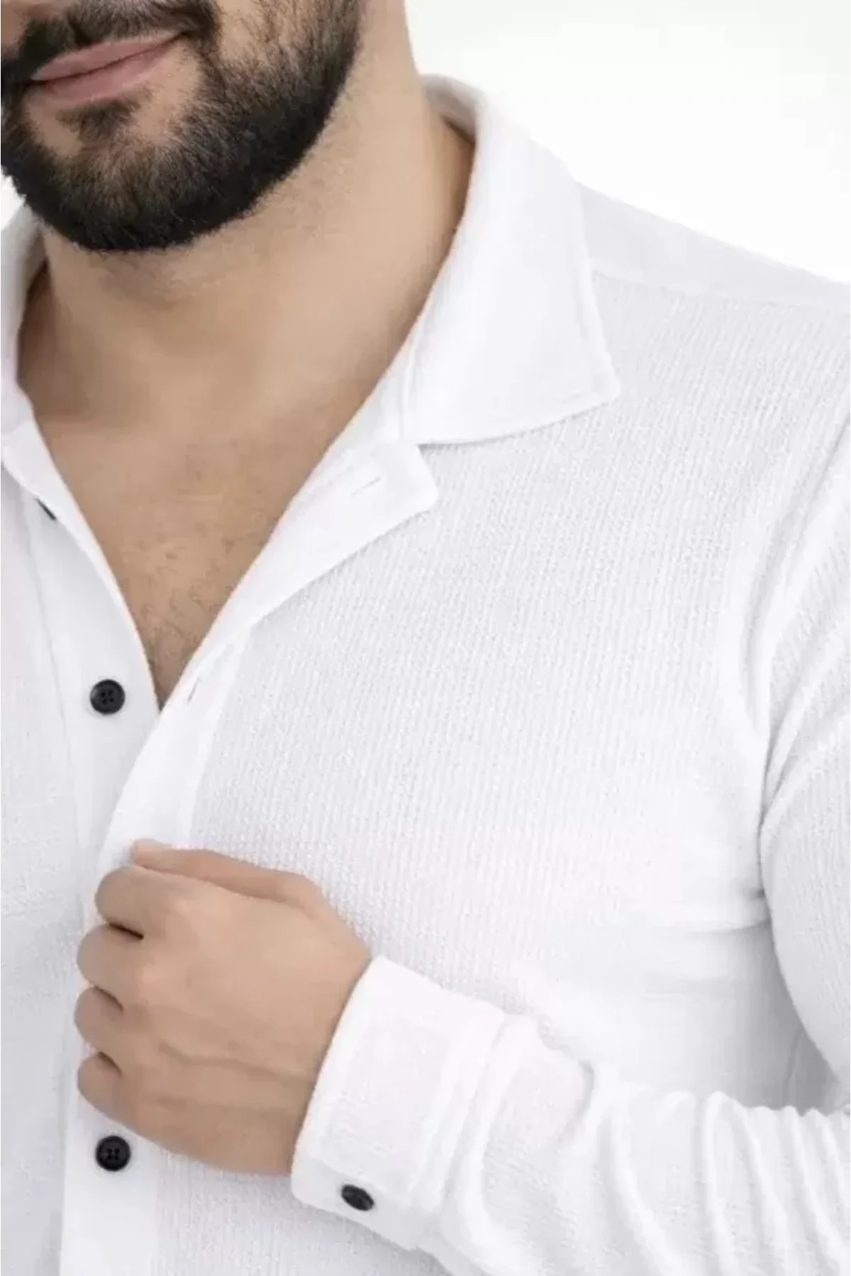 Erkek Waffle Kumaş Uzun Kollu Düğmeli Açık Yaka Regular Fit Gömle