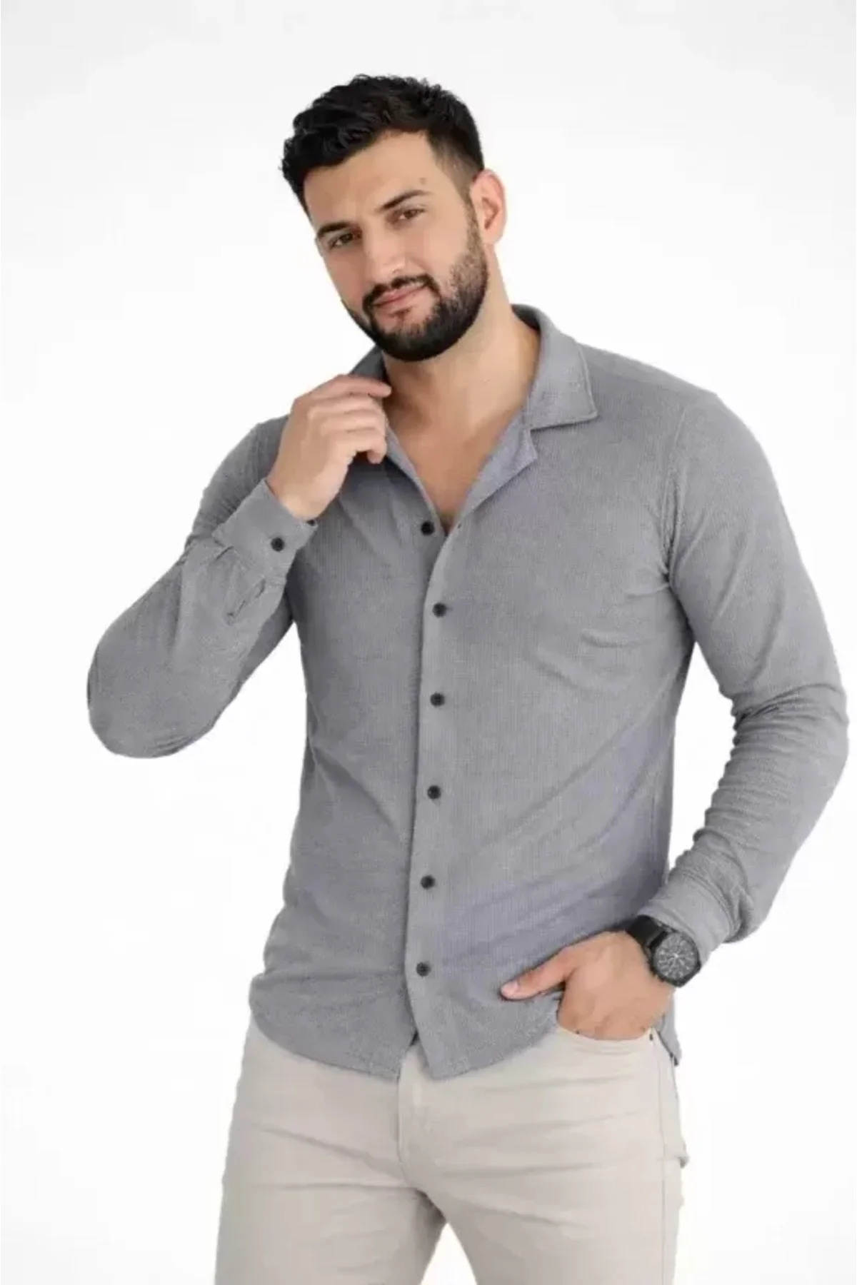 Erkek Waffle Kumaş Uzun Kollu Düğmeli Açık Yaka Regular Fit Gömle
