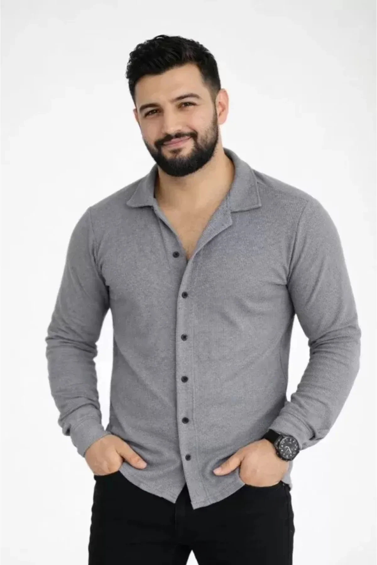 Erkek Waffle Kumaş Uzun Kollu Düğmeli Açık Yaka Regular Fit Gömle