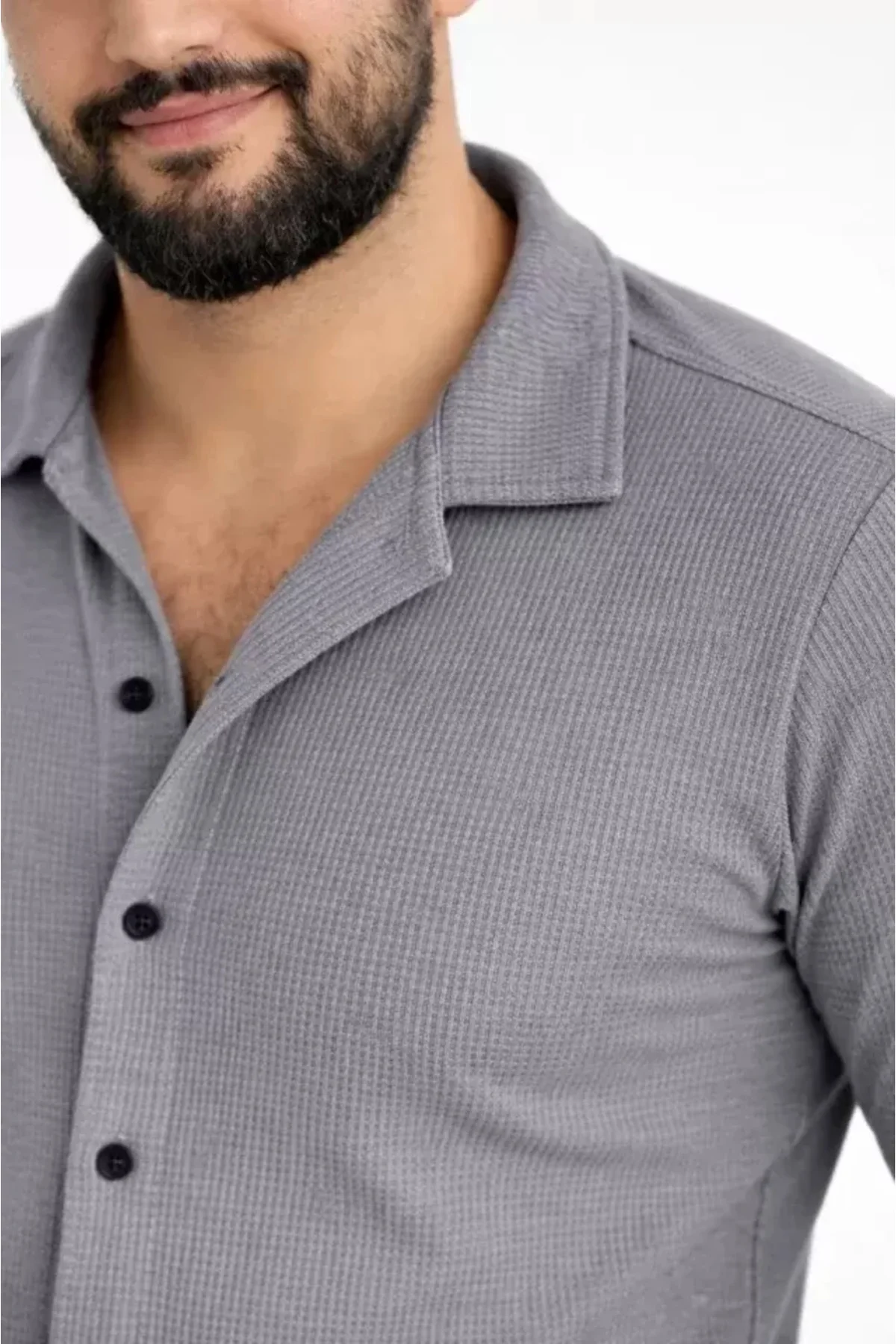 Erkek Waffle Kumaş Uzun Kollu Düğmeli Açık Yaka Regular Fit Gömle