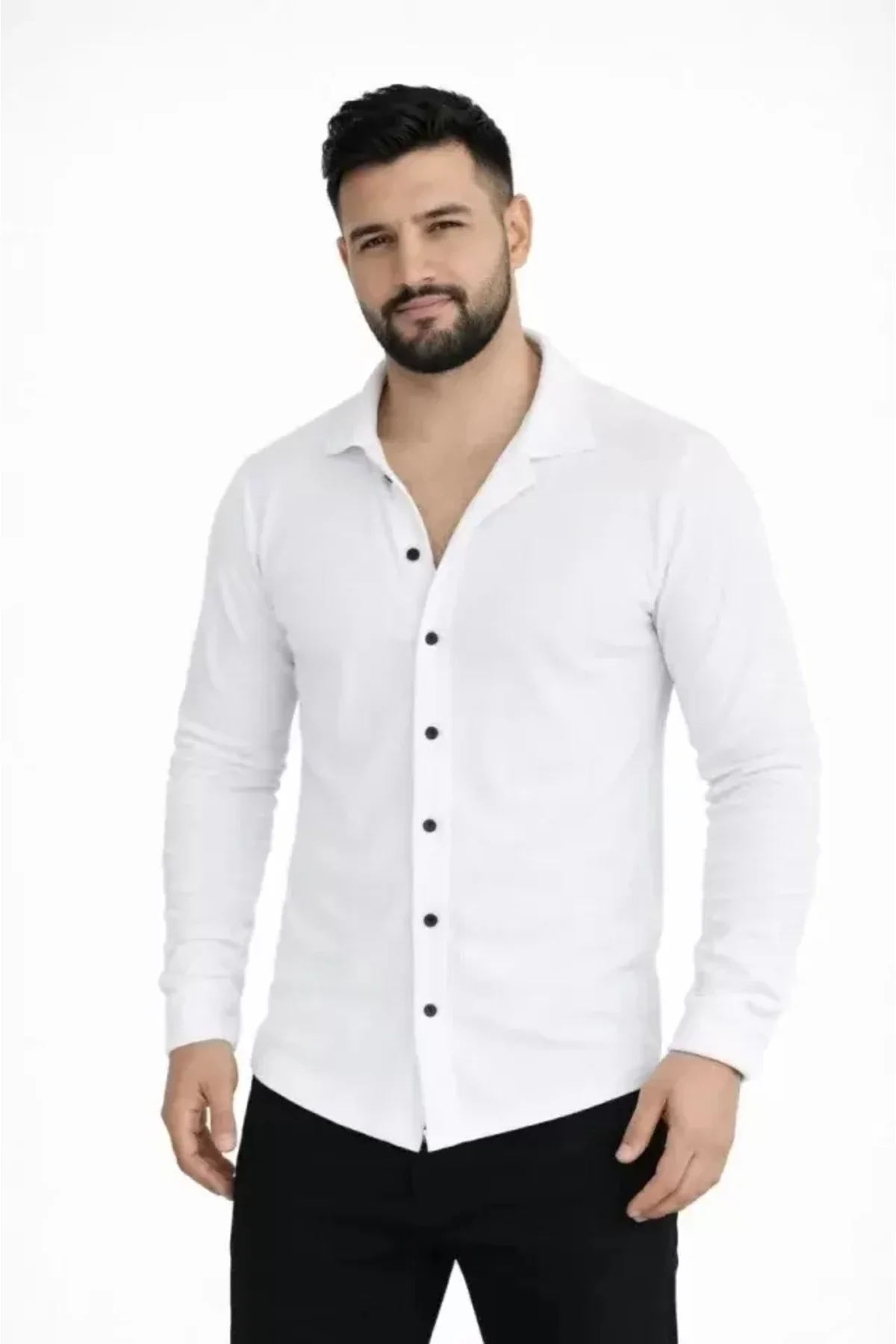 Erkek Waffle Kumaş Uzun Kollu Düğmeli Açık Yaka Regular Fit Gömle