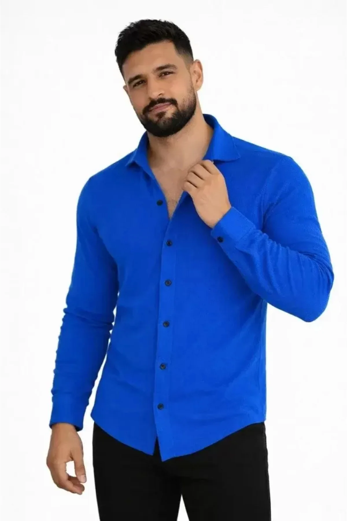 Erkek Waffle Kumaş Uzun Kollu Düğmeli Açık Yaka Regular Fit Gömle