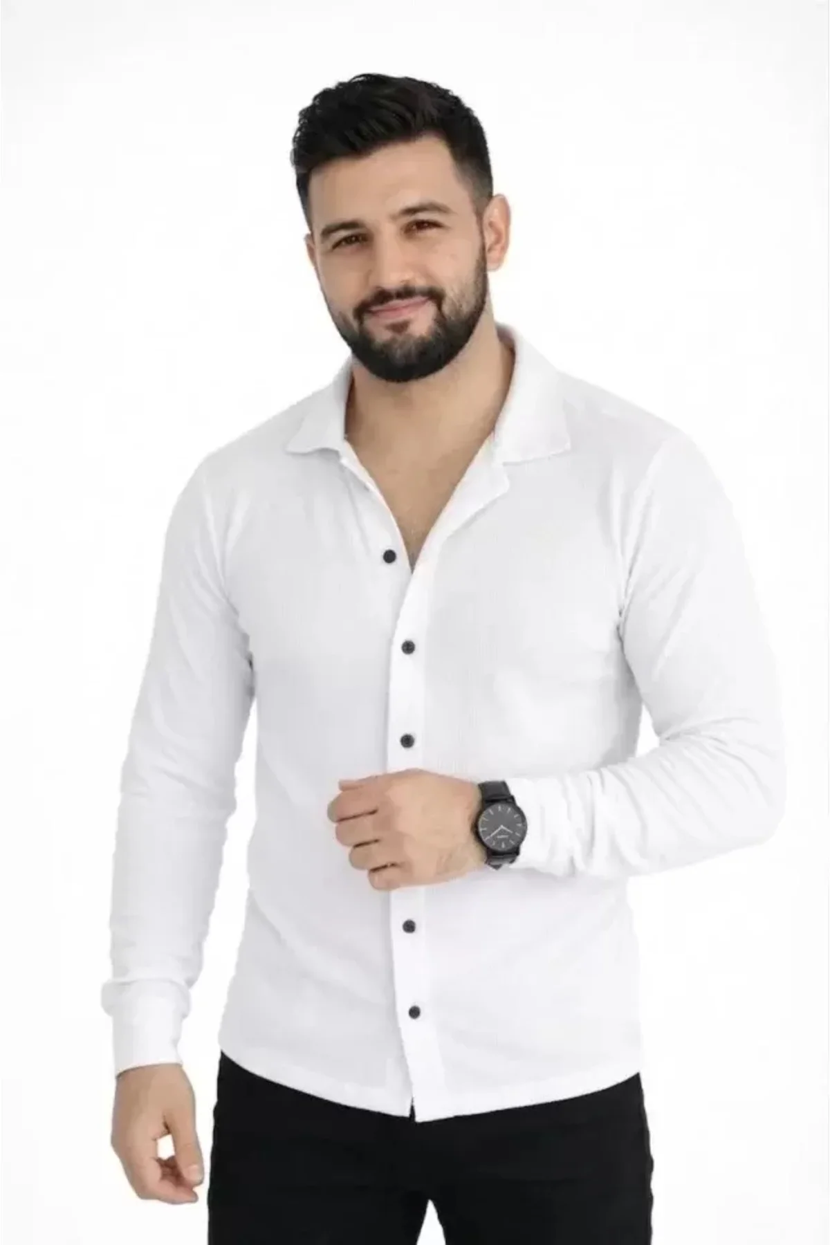 Erkek Waffle Kumaş Uzun Kollu Düğmeli Açık Yaka Regular Fit Gömle