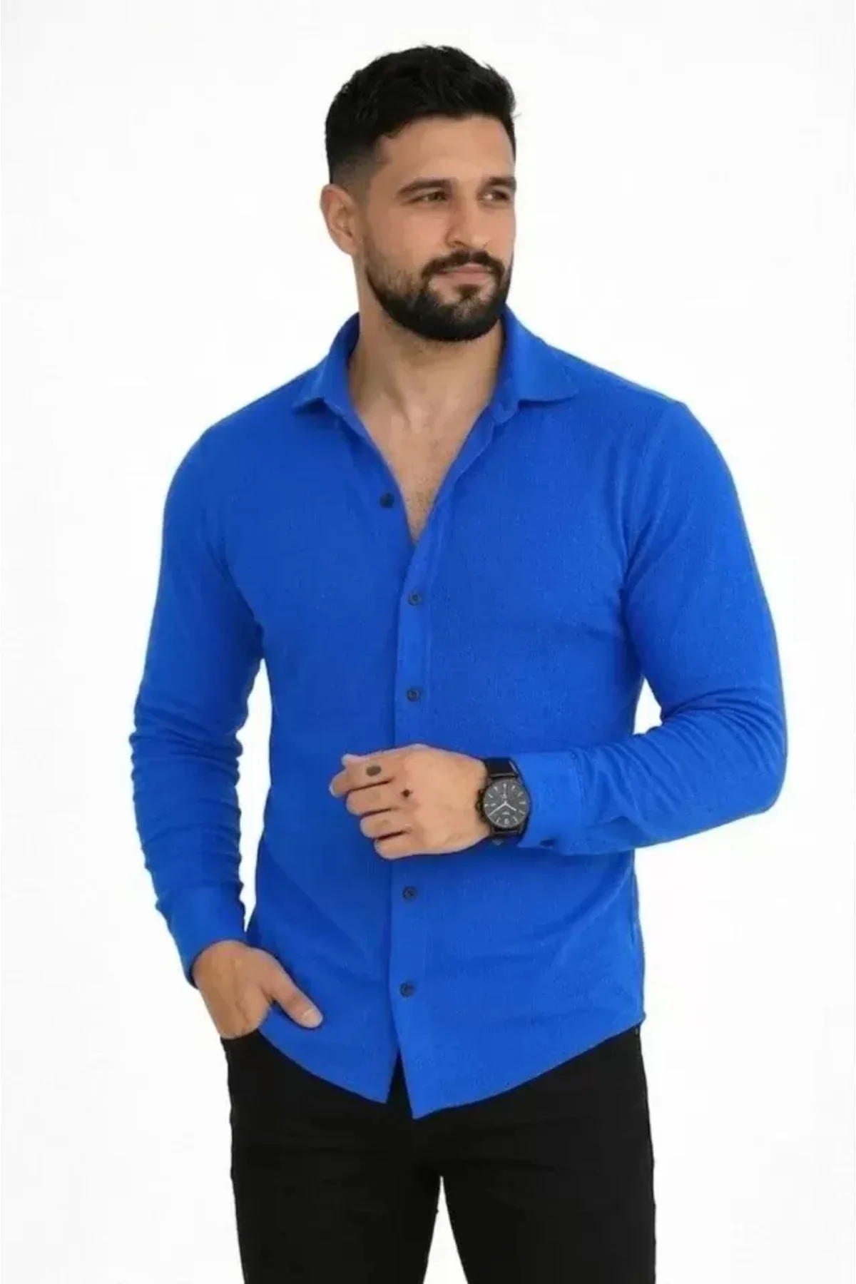 Erkek Waffle Kumaş Uzun Kollu Düğmeli Açık Yaka Regular Fit Gömle