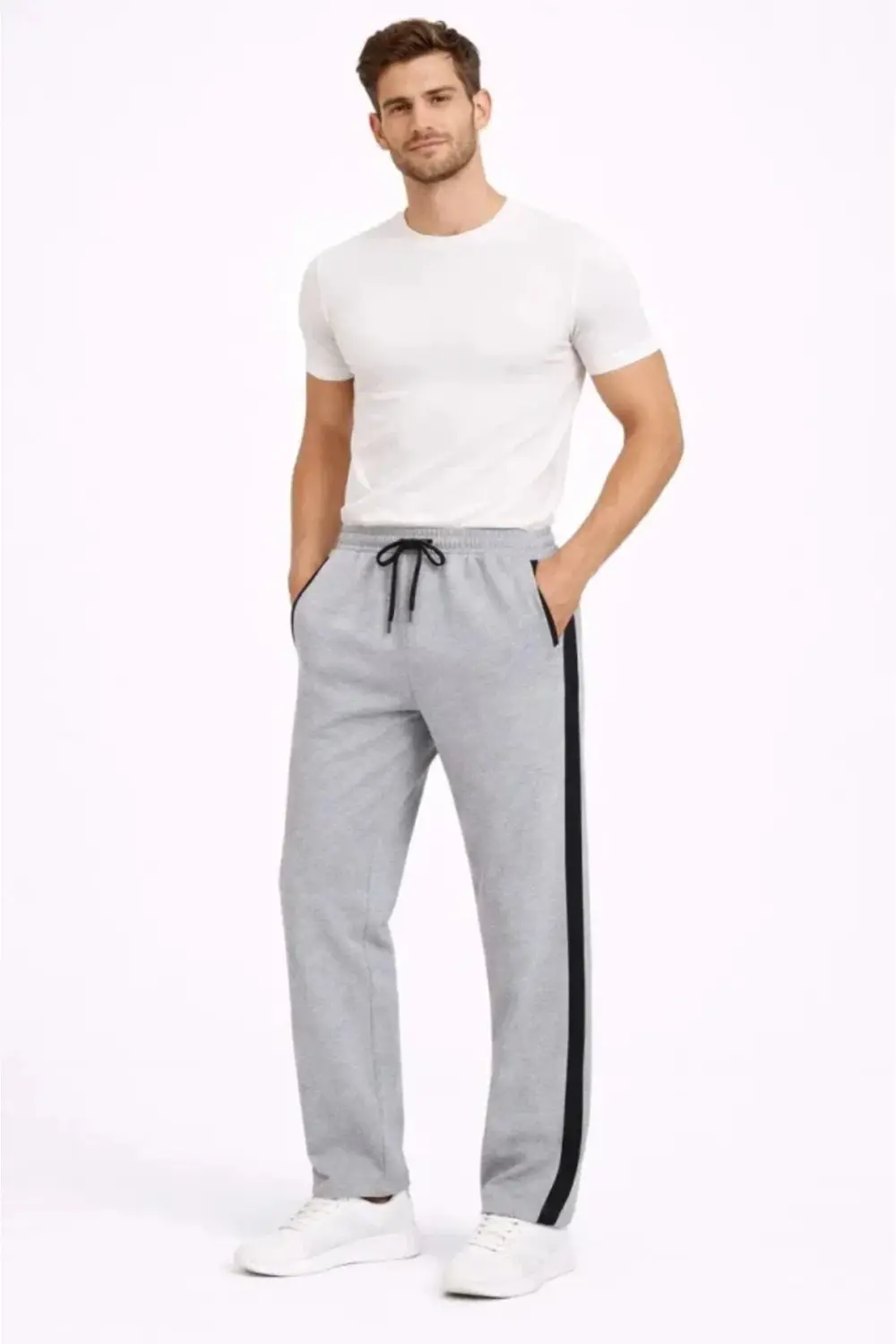 Erkek Yandan Şeritli Boru Paça Eşofman Altı 3 Iplik Pamuklu Eşofm