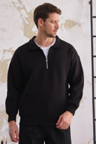 Erkek Yarım Fermuar Rahat Sweatshirt SİYAH