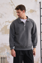 Erkek Yarım Fermuar Rahat Sweatshirt KIRÇILLI FÜME