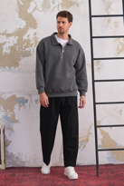 Erkek Yarım Fermuar Rahat Sweatshirt KIRÇILLI FÜME