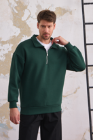 Erkek Yarım Fermuar Rahat Sweatshirt KOYU YEŞİL