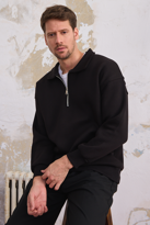 Erkek Yarım Fermuar Rahat Sweatshirt SİYAH