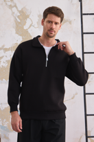 Erkek Yarım Fermuar Rahat Sweatshirt SİYAH