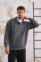 Erkek Yarım Fermuar Rahat Sweatshirt KIRÇILLI FÜME