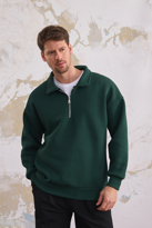 Erkek Yarım Fermuar Rahat Sweatshirt KOYU YEŞİL