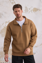 Erkek Yarım Fermuar Rahat Sweatshirt KARAMEL