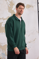 Erkek Yarım Fermuar Rahat Sweatshirt KOYU YEŞİL