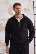 Erkek Yarım Fermuar Rahat Sweatshirt SİYAH