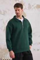 Erkek Yarım Fermuar Rahat Sweatshirt KOYU YEŞİL