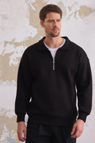 Erkek Yarım Fermuar Rahat Sweatshirt SİYAH