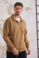 Erkek Yarım Fermuar Rahat Sweatshirt KARAMEL