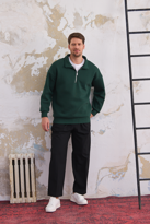 Erkek Yarım Fermuar Rahat Sweatshirt KOYU YEŞİL