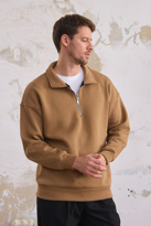 Erkek Yarım Fermuar Rahat Sweatshirt KARAMEL