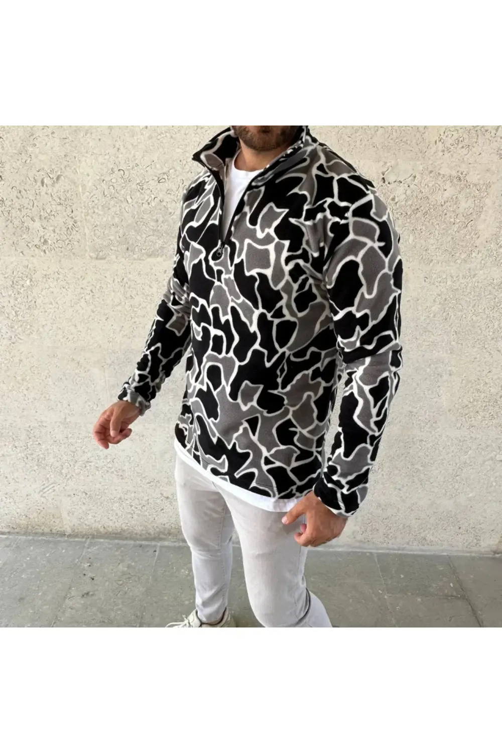 Erkek Yarım Fermuarlı Desenli Polar Sweat Yakalı, Uzun Kollu, Ove