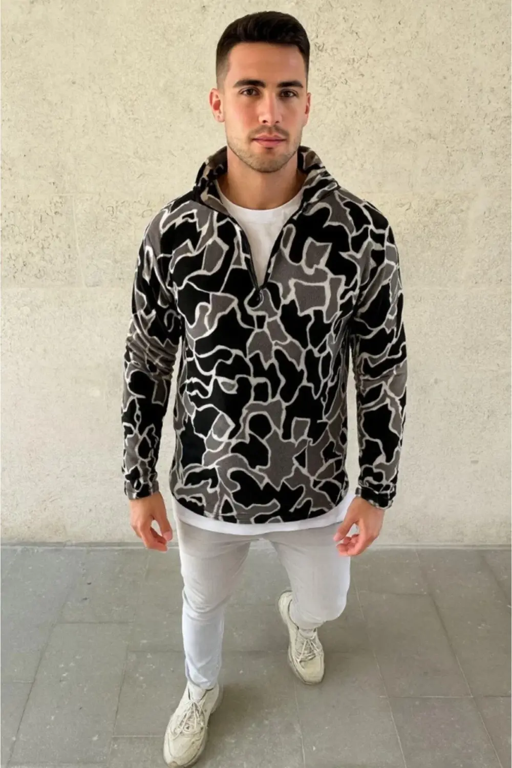 Erkek Yarım Fermuarlı Desenli Polar Sweat Yakalı, Uzun Kollu, Ove