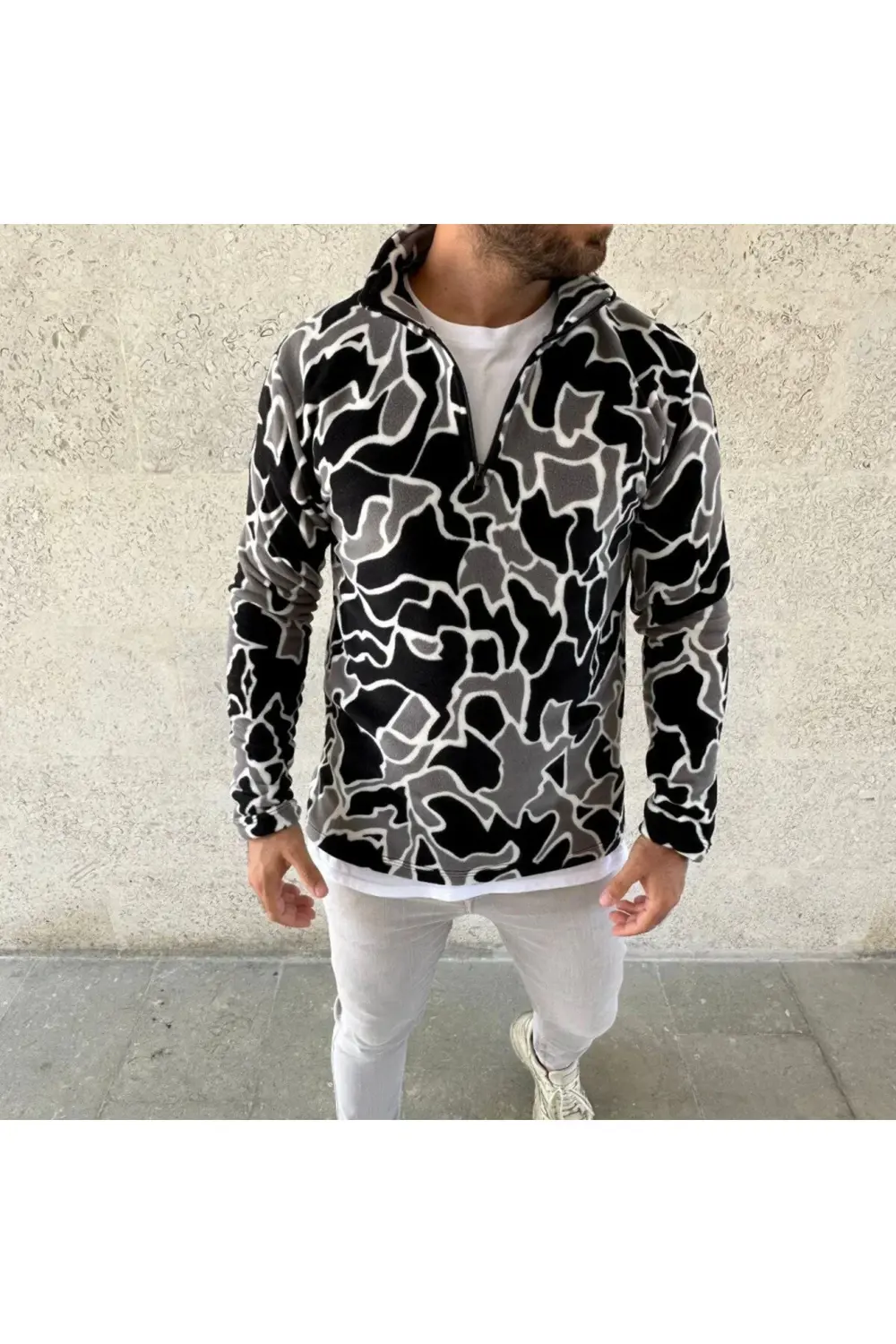 Erkek Yarım Fermuarlı Desenli Polar Sweat Yakalı, Uzun Kollu, Ove