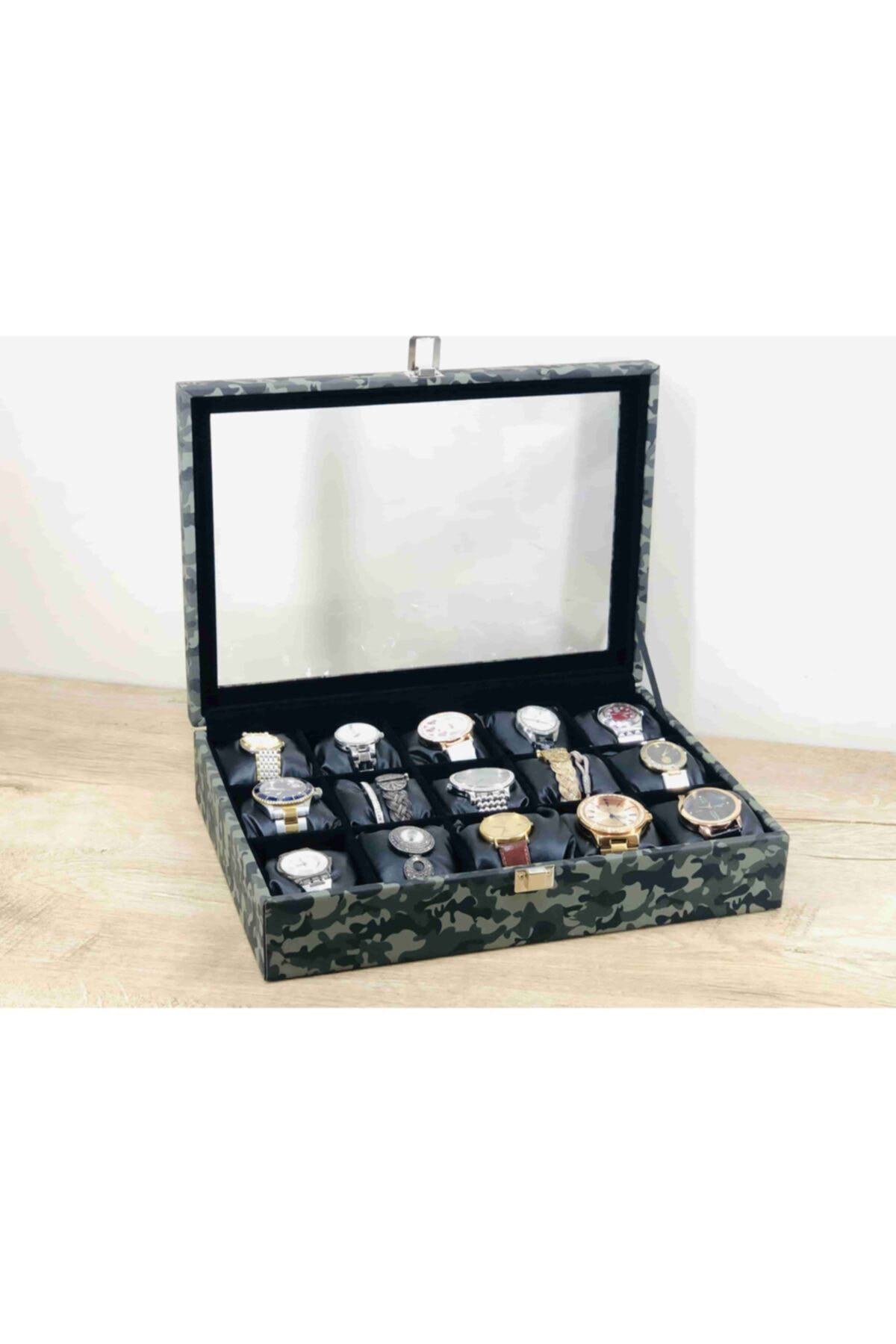 Erkekler İçin Özel Kamuflaj Renk Cam Kapaklı Siyah Yastıklı Kol S